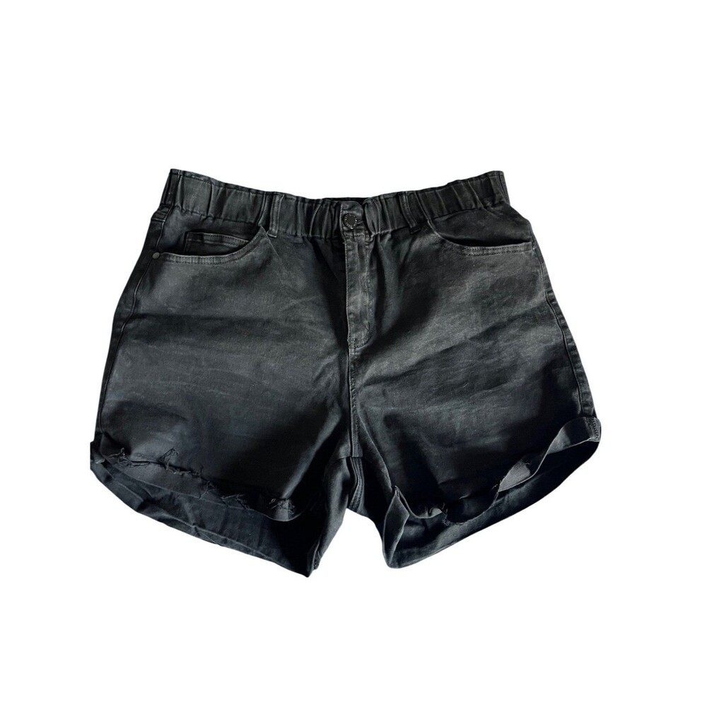 City Chic Xena Ruffle Waist Black Denim Shorts Size 18